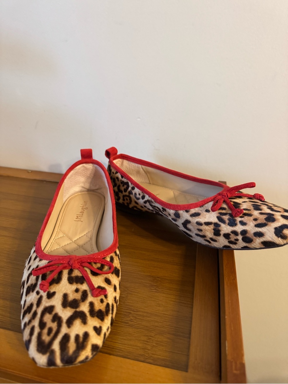 J. McLaughlin Leopard Print Ballet Flats with Red Trim real hair calf stylish